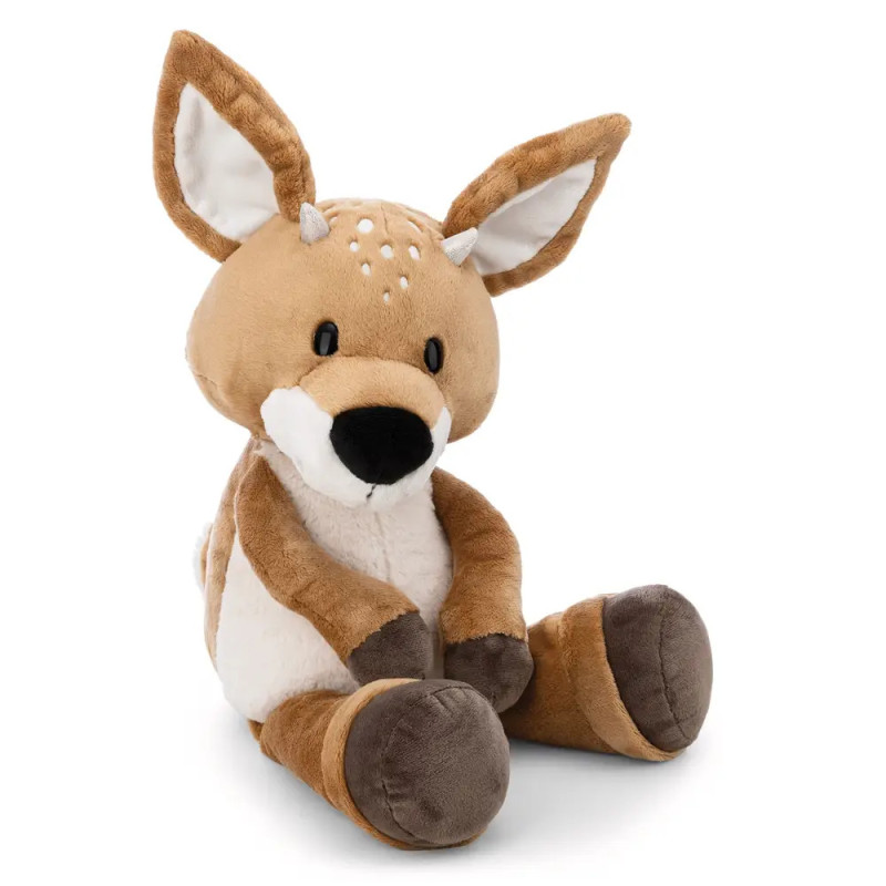 Braunes und weißes Plüschreh mit großen Ohren, schwarzer Nase und kleinen weißen Flecken auf dem Kopf.