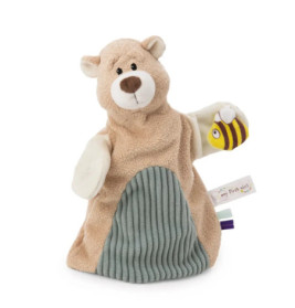 Weicher brauner Bären-Handpuppe mit geripptem blaugrünem Bauch hält ein kleines Plüsch-Bienchen.