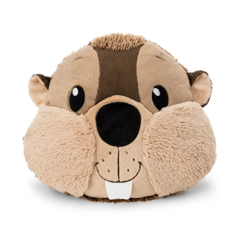 Eichhörnchen-Plüschtier mit großen Backen, Nagezähnen und lächelndem Gesicht auf weißem Hintergrund.