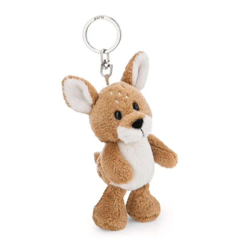 Plüsch-Rehkitz-Schlüsselanhänger mit braunem Fell, weißem Bauch und silbernem Schlüsselring am Kopf.