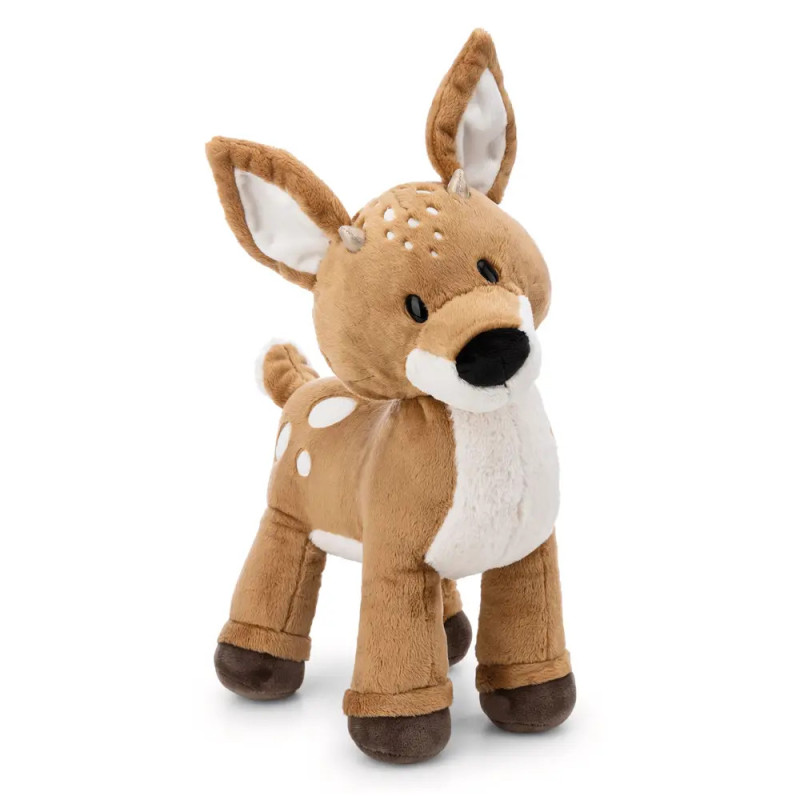 Plüschreh mit braunem Fell, weißen Flecken und weißem Bauch steht aufrecht.