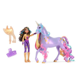 Puppe mit langen braunen Haaren, lila Outfit, Einhorn mit Regenbogenmähne, Bürste und goldenem Sattel-Accessoire.