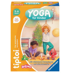 Zwei Kinder machen drinnen Yoga mit Kuscheltieren. Das Bild ist auf einer Yogaspiel-Box für 3-6-Jährige.