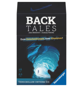 Spielschachtel von Back Tales: Verschollen unterm Eis mit Illustration einer Eishöhle und einem einsamen Forscher.