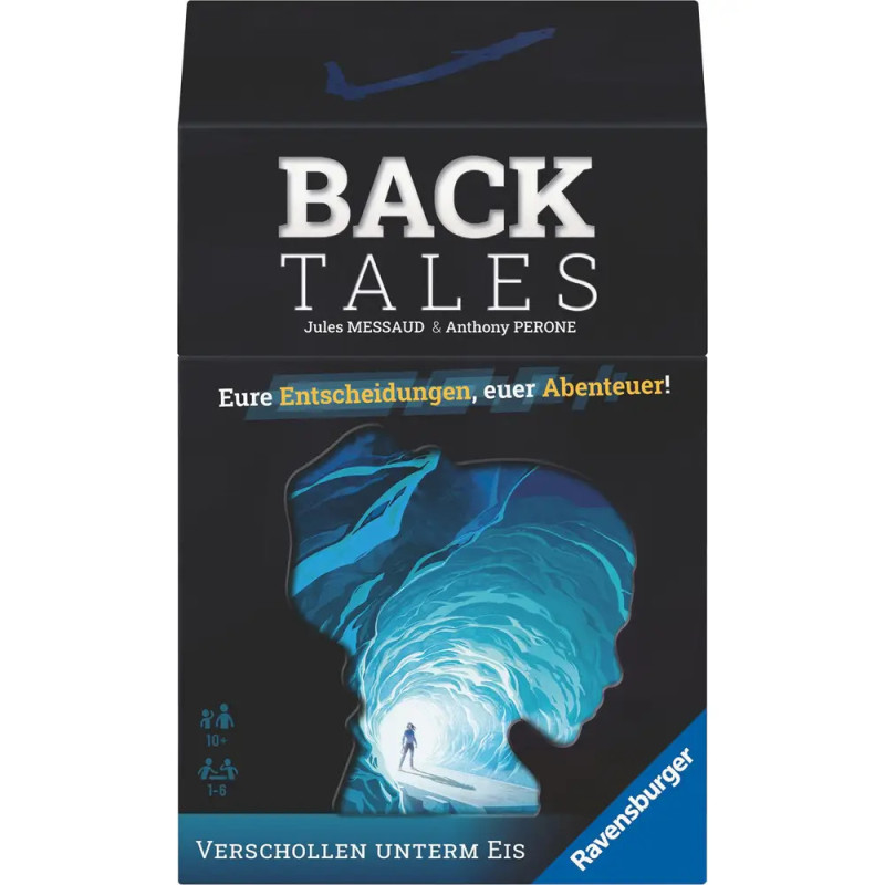Spielschachtel von Back Tales: Verschollen unterm Eis mit Illustration einer Eishöhle und einem einsamen Forscher. Spielschachtel von Back Tales: Verschollen unterm Eis mit Illustration einer Eishöhle und einem einsamen Forscher.