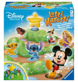 Disney Lotti Karotti Spielbox mit Mickey, Rapunzel, Arielle und Stitch vor Stern auf grünen Hügeln.