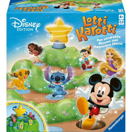 Disney Lotti Karotti Spielbox mit Mickey, Rapunzel, Arielle und Stitch vor Stern auf grünen Hügeln. Disney Lotti Karotti Spielbox mit Mickey, Rapunzel, Arielle und Stitch vor Stern auf grünen Hügeln.