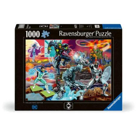 Ravensburger Puzzle, 1000 Teile, zeigt DC-Superhelden im Kampf gegen Schurken in einer dynamischen Szene. Ravensburger Puzzle, 1000 Teile, zeigt DC-Superhelden im Kampf gegen Schurken in einer dynamischen Szene.