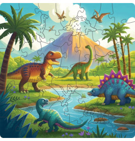 Buntes Dinosaurier-Puzzle mit verschiedenen Dinos, Bäumen, Flüssen und Vulkanen in prähistorischer Landschaft.