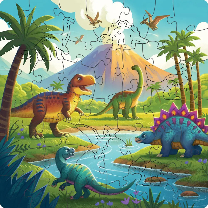 Buntes Dinosaurier-Puzzle mit verschiedenen Dinos, Bäumen, Flüssen und Vulkanen in prähistorischer Landschaft.