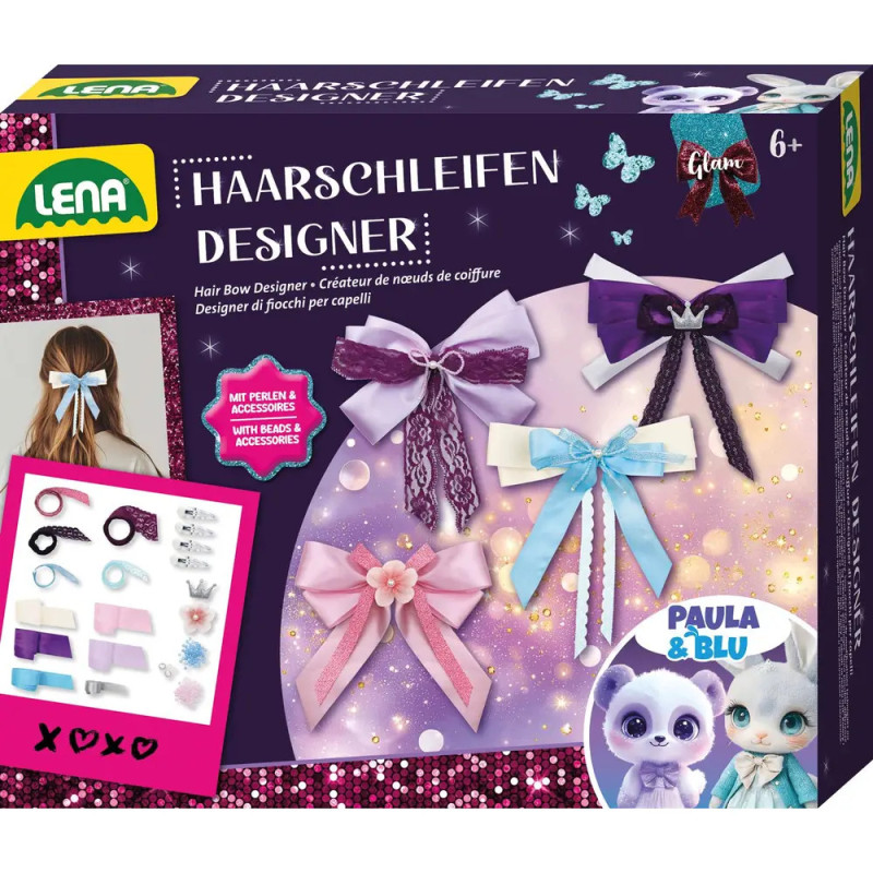 Lena Haarschleifen Designer-Set mit Abbildungen von Haarschleifen und Zubehör, geeignet ab 6 Jahren.