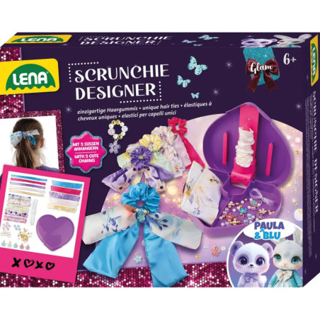 Bastelset Lena Scrunchie Designer mit bunten Haargummis, Perlen, Anhängern und Tier-Maskottchen.