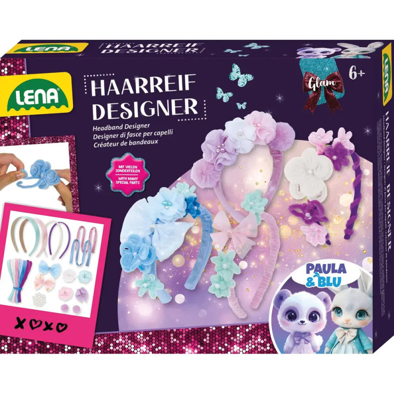 LENA Stirnband Designer-Box mit verzierten Haarreifen, Bastelmaterialien und den Cartoon-Tieren Paula & Blu. LENA Stirnband Designer-Box mit verzierten Haarreifen, Bastelmaterialien und den Cartoon-Tieren Paula & Blu.