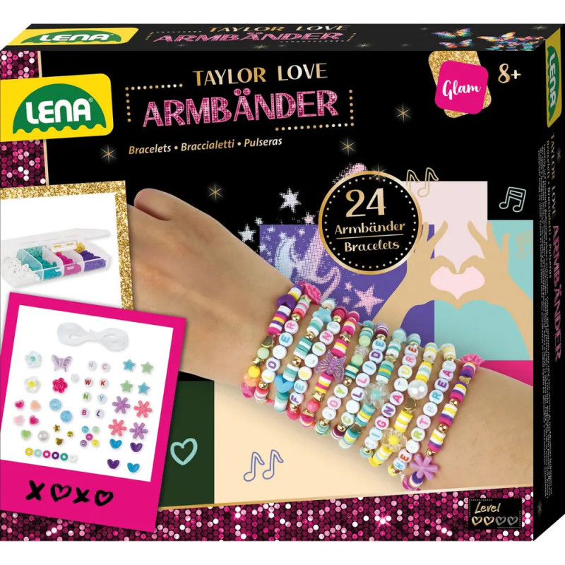 Box mit Lena Taylor Love Armbändern zum Basteln von 24 bunten Perlenarmbändern, geeignet ab 8 Jahren.