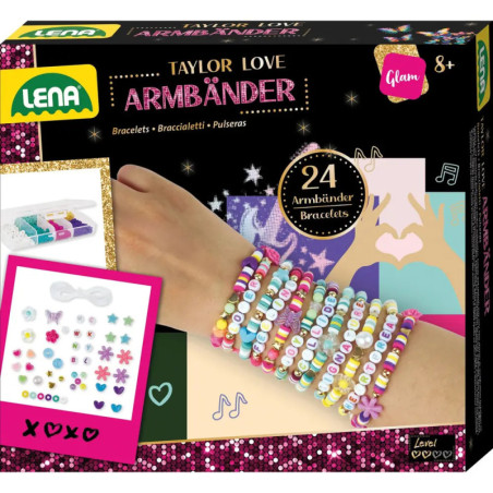 Box mit Lena Taylor Love Armbändern zum Basteln von 24 bunten Perlenarmbändern, geeignet ab 8 Jahren.