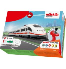 Märklin my world Spielzeugzug-Box mit Abbildung eines weißen Hochgeschwindigkeitszugs und einer roten Fernbedienung.