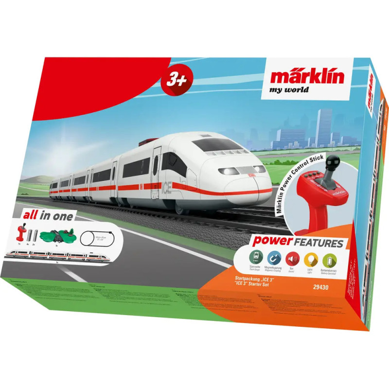 Märklin my world Spielzeugzug-Box mit Abbildung eines weißen Hochgeschwindigkeitszugs und einer roten Fernbedienung. Märklin my world Spielzeugzug-Box mit Abbildung eines weißen Hochgeschwindigkeitszugs und einer roten Fernbedienung.