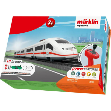 Märklin my world Spielzeugzug-Box mit Abbildung eines weißen Hochgeschwindigkeitszugs und einer roten Fernbedienung.