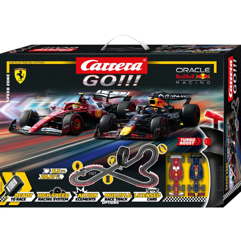 Carrera GO!!! Autorennbahn-Set mit Abbildungen von Ferrari- und Red Bull-F1-Autos sowie Streckenverlauf auf der Verpackung.
