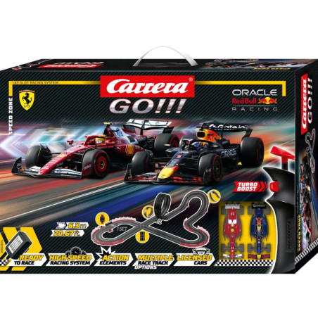 Carrera GO!!! Autorennbahn-Set mit Abbildungen von Ferrari- und Red Bull-F1-Autos sowie Streckenverlauf auf der Verpackung. Carrera GO!!! Autorennbahn-Set mit Abbildungen von Ferrari- und Red Bull-F1-Autos sowie Streckenverlauf auf der Verpackung.