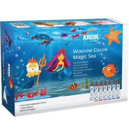 Kreul Window Color Magic Sea Set mit Meeresmotiven und Farbtuben auf der Vorderseite der Verpackung.