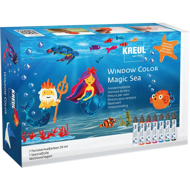 Kreul Window Color Magic Sea Set mit Meeresmotiven und Farbtuben auf der Vorderseite der Verpackung. Kreul Window Color Magic Sea Set mit Meeresmotiven und Farbtuben auf der Vorderseite der Verpackung.