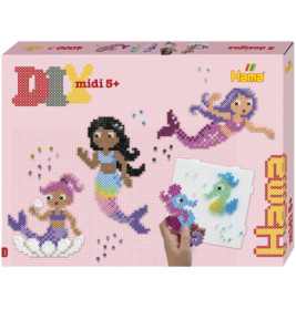Hama DIY-Perlen-Set mit Abbildungen von Meerjungfrauen und Meeresbewohnern aus bunten Perlen.