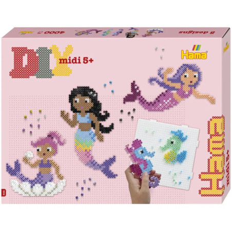 Hama DIY-Perlen-Set mit Abbildungen von Meerjungfrauen und Meeresbewohnern aus bunten Perlen.