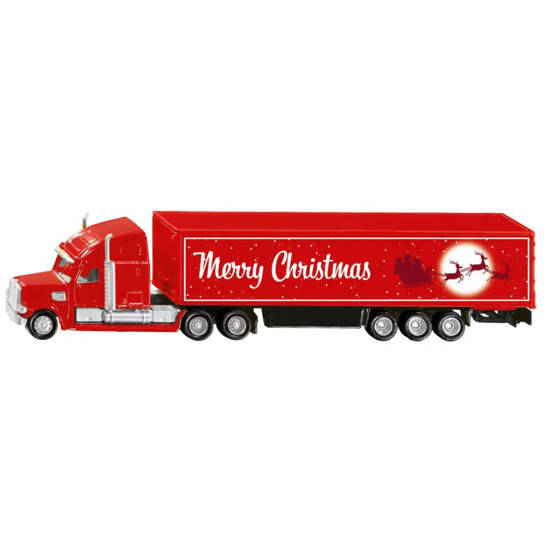 Roter Spielzeug-LKW mit Frohe Weihnachten und einem Motiv von Santas Schlitten auf dem Anhänger. Roter Spielzeug-LKW mit Frohe Weihnachten und einem Motiv von Santas Schlitten auf dem Anhänger.