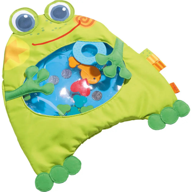 Grüne Frosch-Spielmatte für Babys mit durchsichtigem Wasserzentrum und schwimmenden Fischspielzeugen.