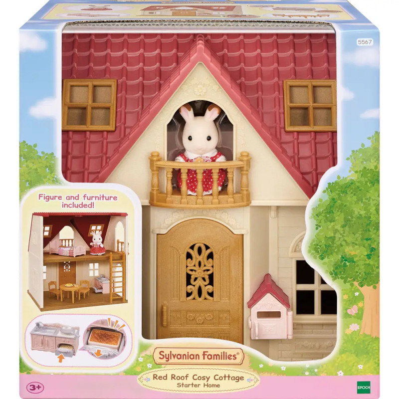 Sylvanian Families Rotes Dach Gemütliches Häuschen mit Hasenfigur auf dem Balkon, in Originalverpackung.