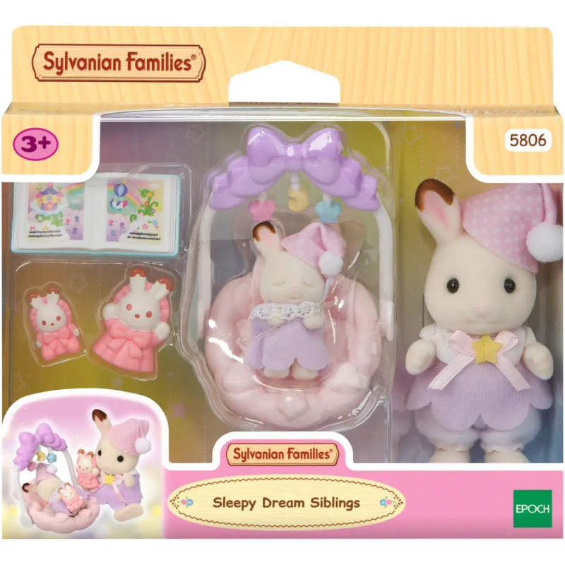 Sylvanian Families Sleepy Dream Geschwister-Set mit zwei Hasenfiguren, Wiege und Zubehör in Verpackung.