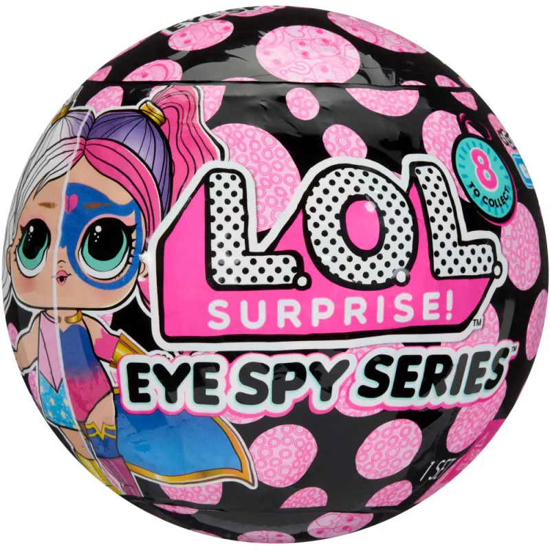 Ein LOL Surprise! Eye Spy Series Ball mit einer Comicpuppe und pinken Punkten auf schwarzem Hintergrund. Ein LOL Surprise! Eye Spy Series Ball mit einer Comicpuppe und pinken Punkten auf schwarzem Hintergrund.