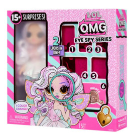 LOL Surprise OMG Eye Spy Series Spielbox mit abgebildeter Puppe, nummerierten Überraschungen und pink-lila Design.