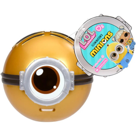 Goldene Spielzeugkugel mit Minion-Auge und LOL Surprise Minions-Kooperationsverpackung.
