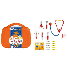 Oranger Arztkoffer für Kinder mit medizinischem Spielzeug, Pflastern und Karten liegen vor dem geöffneten Koffer.