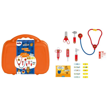 Oranger Arztkoffer für Kinder mit medizinischem Spielzeug, Pflastern und Karten liegen vor dem geöffneten Koffer.