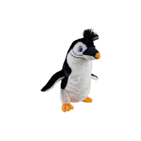 Plüsch-Pinguin mit schwarz-weißem Fell, orangem Schnabel, Füßen und einem schwarzen Haarbüschel am Kopf.