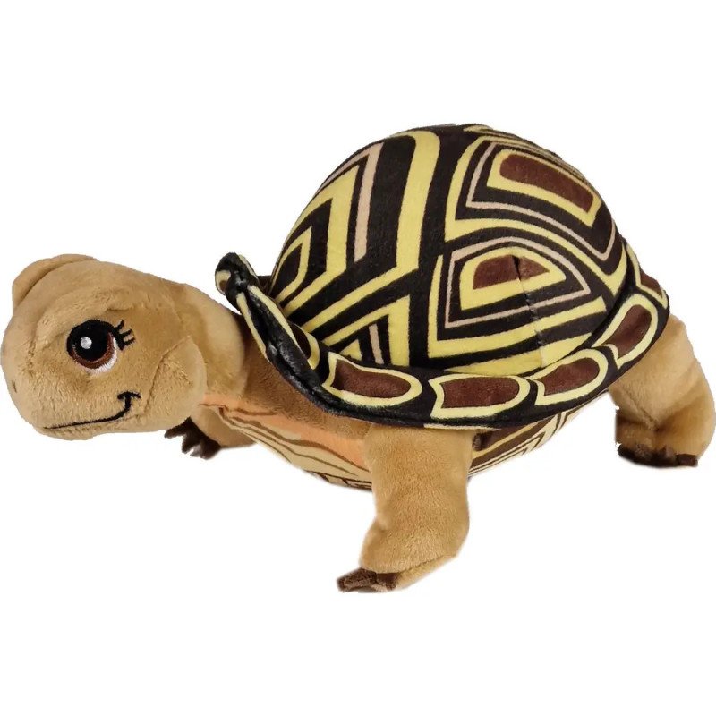 Ein Plüschschildkrötenspielzeug mit gemustertem braun-gelbem Panzer und lächelndem Gesicht.