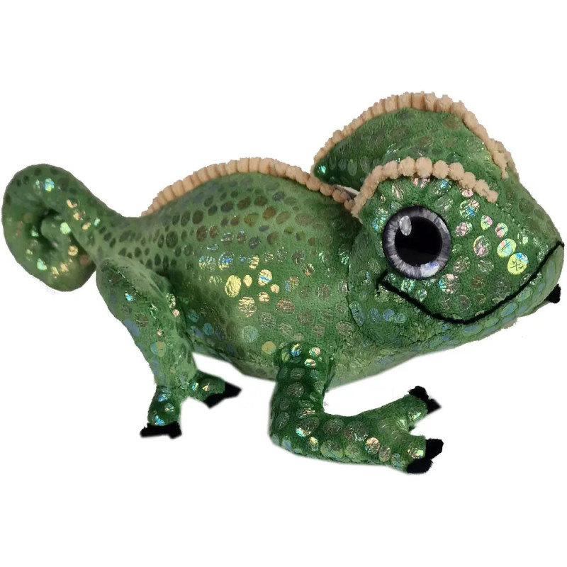 Grüne, glitzernde Chamäleon-Figur mit großen Augen und strukturierter, unebener Haut.