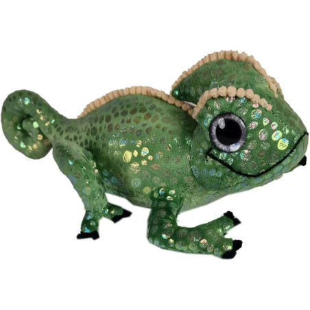 Grüne, glitzernde Chamäleon-Figur mit großen Augen und strukturierter, unebener Haut.