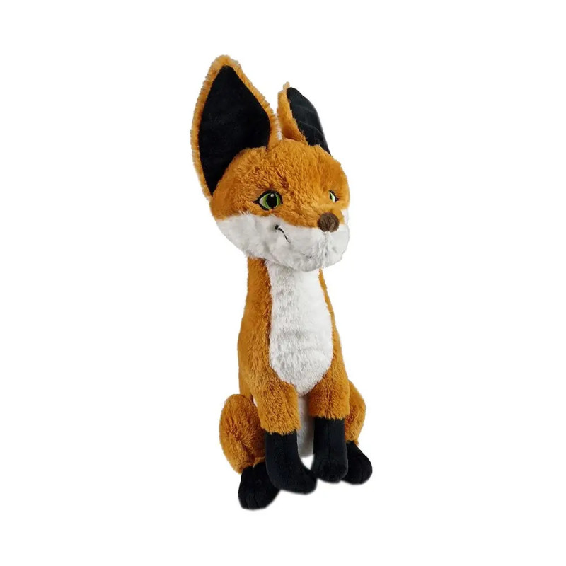 Plüschfuchs sitzt aufrecht, orangefarbenes Fell, weißer Bauch, schwarze Pfoten und große spitze Ohren. Plüschfuchs sitzt aufrecht, orangefarbenes Fell, weißer Bauch, schwarze Pfoten und große spitze Ohren.