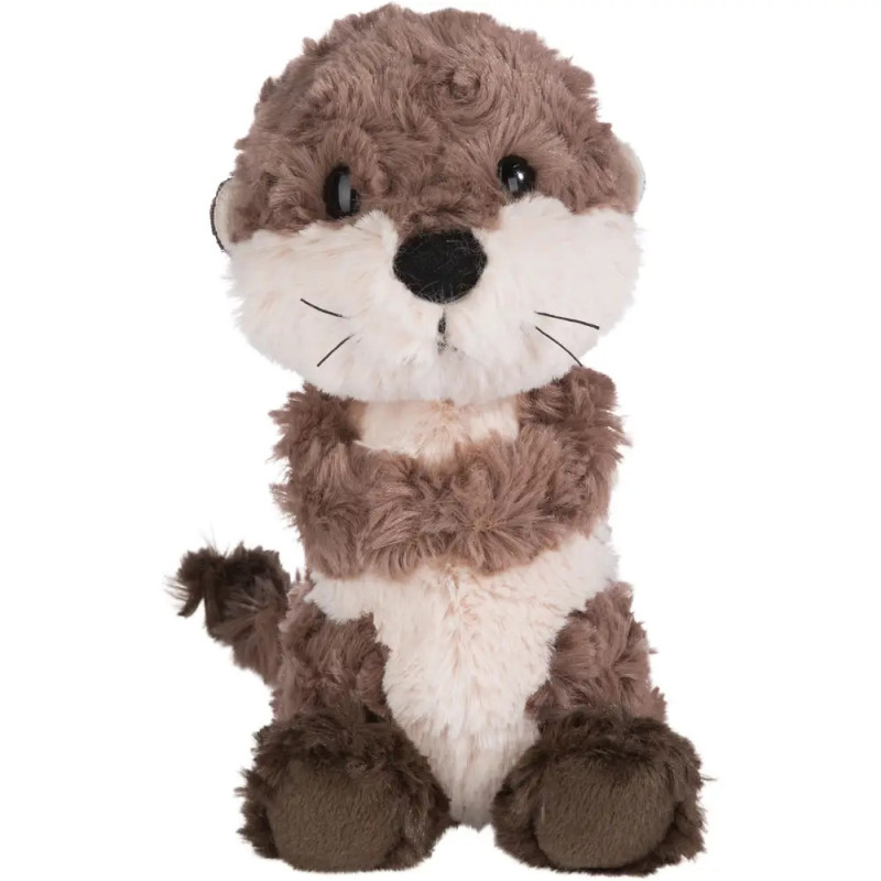 Plüsch-Otter mit braunem und cremefarbenem Fell sitzt aufrecht vor weißem Hintergrund. Plüsch-Otter mit braunem und cremefarbenem Fell sitzt aufrecht vor weißem Hintergrund.