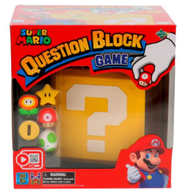 Super Mario Question Block Game mit Mario, Spielfiguren wie Stern, Pilz und Fragezeichenblock auf der Verpackung.