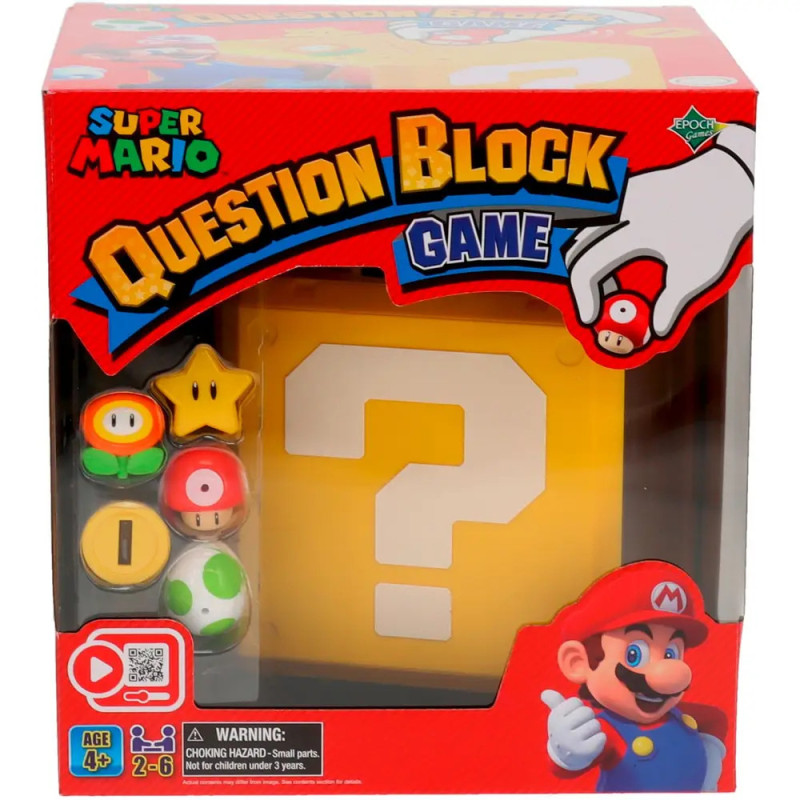 Super Mario Question Block Game mit Mario, Spielfiguren wie Stern, Pilz und Fragezeichenblock auf der Verpackung. Super Mario Question Block Game mit Mario, Spielfiguren wie Stern, Pilz und Fragezeichenblock auf der Verpackung.