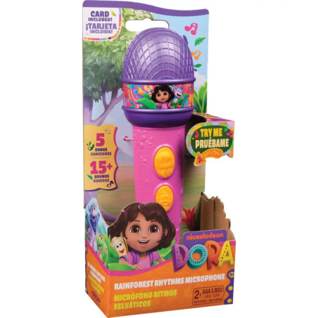 Dora the Explorer Mikrofon-Spielzeug in Verpackung mit bunten Tasten und Charakterabbildungen.