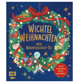 Illustrierter Weihnachtskranz mit festlichen Motiven und dem Schriftzug Wichtel Weihnachten mein Adventskalender-Set.