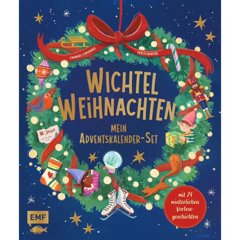 Illustrierter Weihnachtskranz mit festlichen Motiven und dem Schriftzug Wichtel Weihnachten mein Adventskalender-Set. Illustrierter Weihnachtskranz mit festlichen Motiven und dem Schriftzug Wichtel Weihnachten mein Adventskalender-Set.