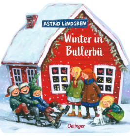 Kinder spielen im Schnee vor einem roten Haus zwei Mädchen, eine Frau und eine weiße Katze sind auch dort.