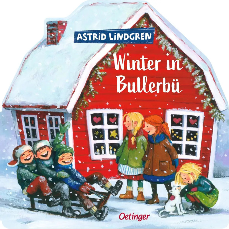 Kinder spielen im Schnee vor einem roten Haus zwei Mädchen, eine Frau und eine weiße Katze sind auch dort. Kinder spielen im Schnee vor einem roten Haus zwei Mädchen, eine Frau und eine weiße Katze sind auch dort.